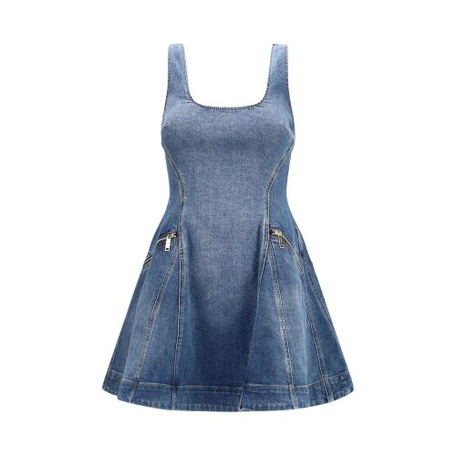Denim Flared Mini Dress — Blue