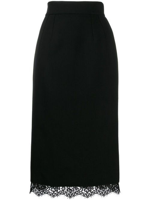 Lace-trim basketweave midi skirt - Black