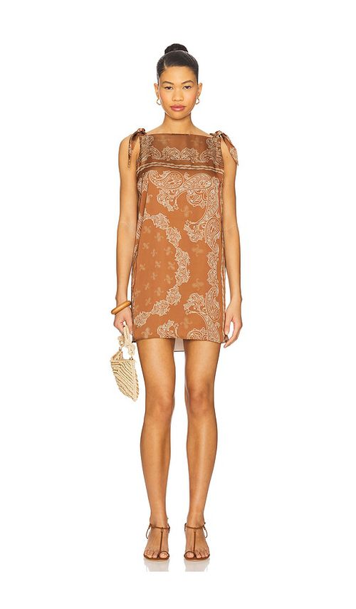ROCOCO SAND Knotted Shoulder Detail Mini Dress in Brown.  S. Also in