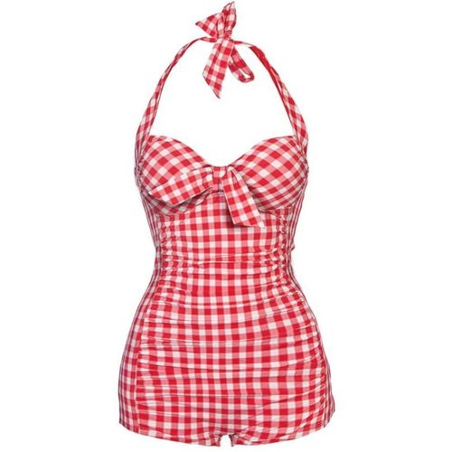 Vinatge Plaid Halter One-piece Swimsuit Red