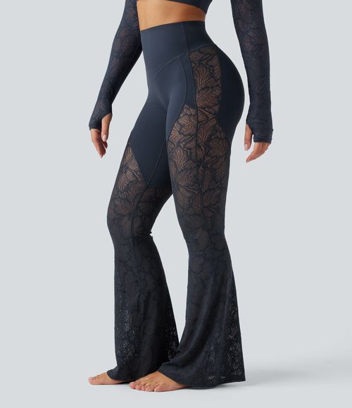 UltraSculpt™ High Waisted Tummy Control Contrast Lace Yoga Flare Leggings with Pocket  - Carbon