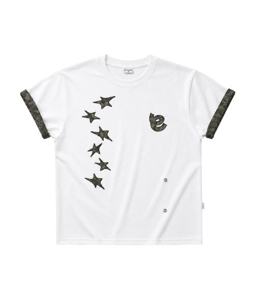 Star Camo Applique Point Roll-Up Short Sleeve T-Shirt White