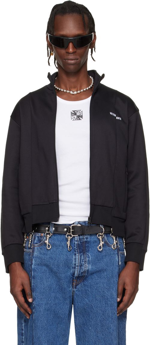 Black Cut-Up Athletic Zip-Up Track Jacket