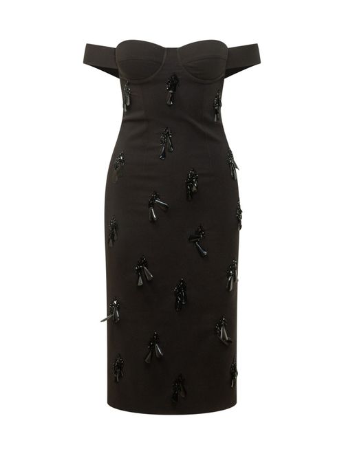 Black Embellished Off Shoulder Midi Dress