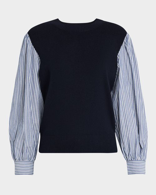 Striped-Sleeve Mixed Media Blouse