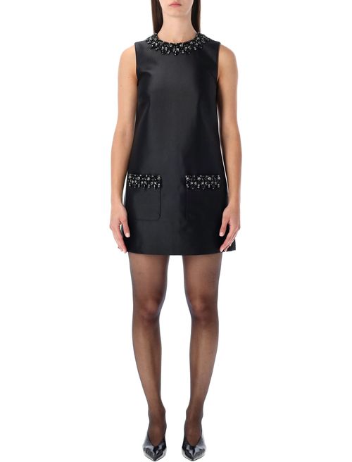 Jewel-Embellished Black Taffeta Mini Dress with Front Pockets