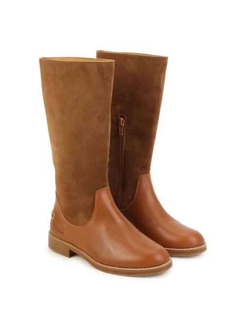 Logo-engraved suede knee-length boots - Brown