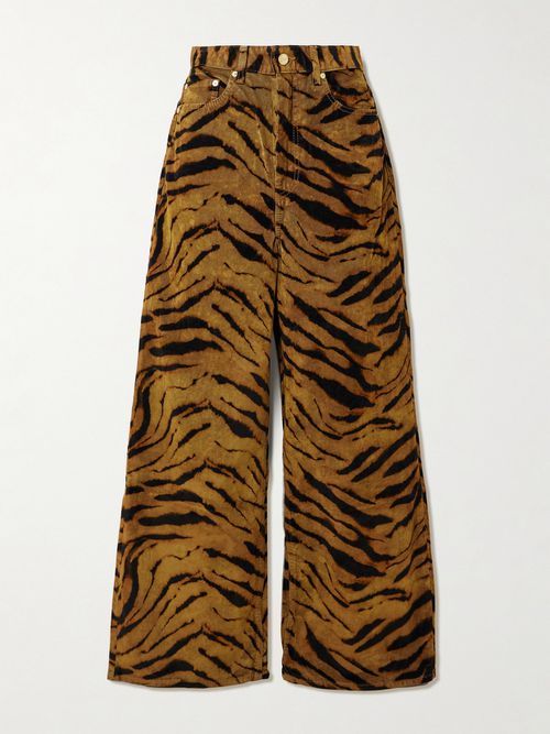 Zebra-print Cotton-blend Velveteen Wide-leg Pants - Green