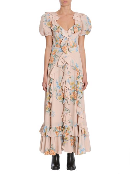 Floral Print Ruched Silk Dress