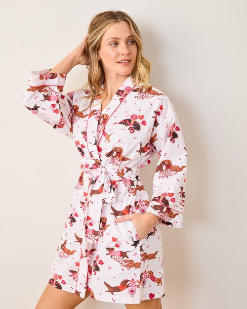 Organic Cotton Short Robe in Dachshund Date | Women's XXS/XS | White | Sleepwear
