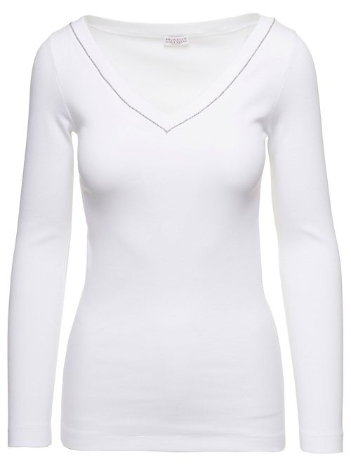 White V-neck Pullover With Beads Detailing In Stretch Cotton Woman