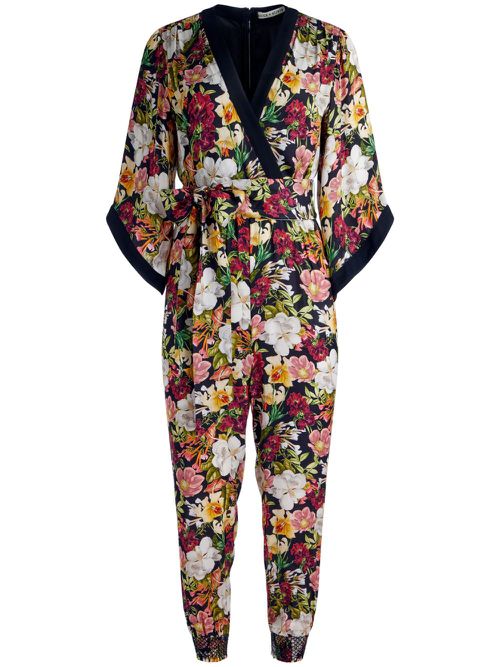Floral-print tied-waist jumpsuit - Black