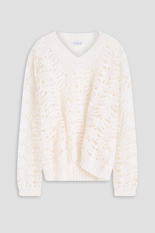 Sequin-embellished open-knit linen-blend sweater - White - XXL