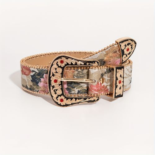 TEMU Of Floral Western-style Engraved Three-piece Embroidered Mesh Denim Dress With Belt For Women, Suitable For Daily Wear And Banquet