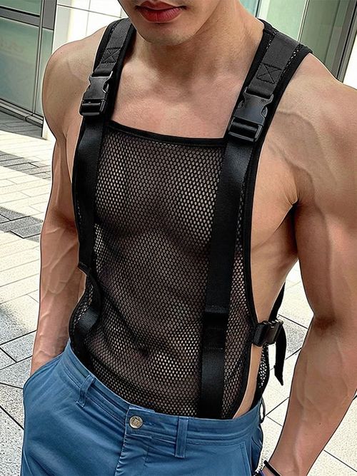 Men's Avant-Garde Tactical Buckle Harness Sheer Mesh Sideless Tank SKUL63046 - Black / S