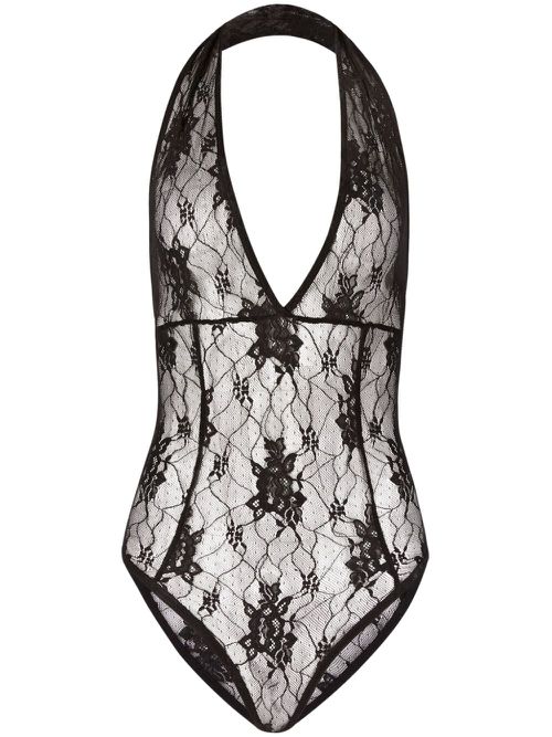 Floral-lace halterneck bodysuit - Black