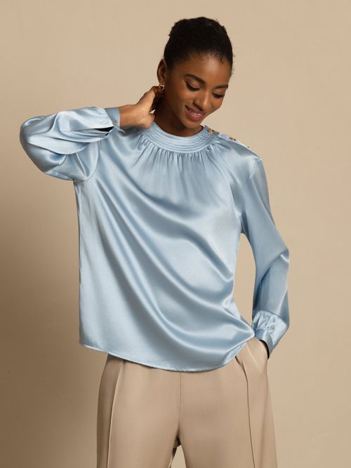 19Momme Silk Women’s Gathered Neck Long Sleeve Blouse