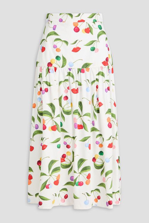 June tiered printed cotton-poplin midi skirt - White - UK 6