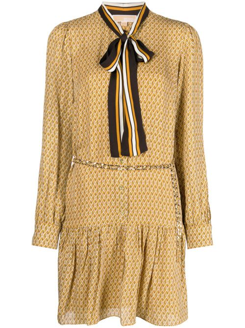 Lattice-pattern belted midi dress - Yellow