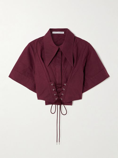 Cropped Lace-up Cotton-poplin Shirt - Burgundy