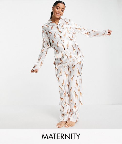Maternity Satin giraffe print pyjama trousers and top set-White