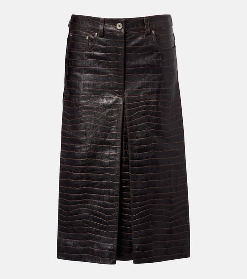 Pleated croc-effect leather midi skirt