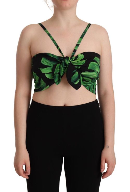 Leaf-Print Silk Halter Top — Black