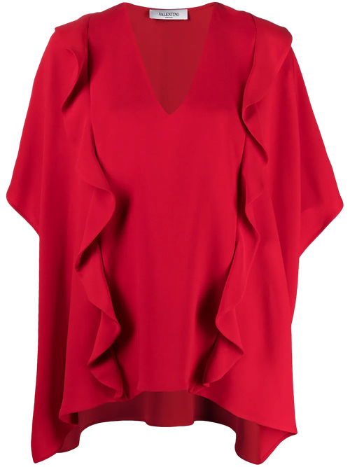 Ruffled Drape Silk Blouse — Red