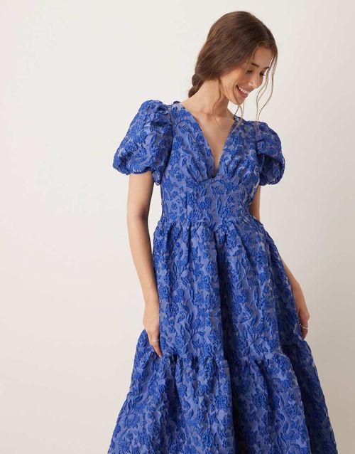 Puff sleeve jacquard midaxi dress in cobalt-Blue