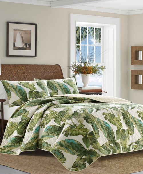 Fiesta Palms Cotton Reversible 3 Piece Quilt Set, Full/Queen - Palm Green