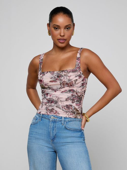 Rasha Shirred Mesh Tank Top In Light Nectar Pink Small Multi Butterfly Jungle