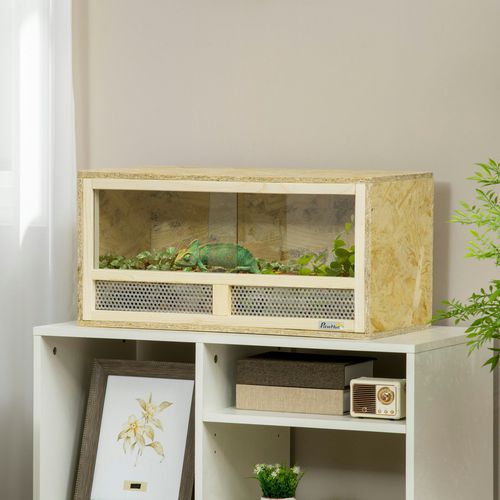 PawHut Reptile Terrarium Vivarium w/ Glass Sliding Doors, Breathable Mesh - Natural wood finish - Oriented Strand Board, Tempered Glass, Stee