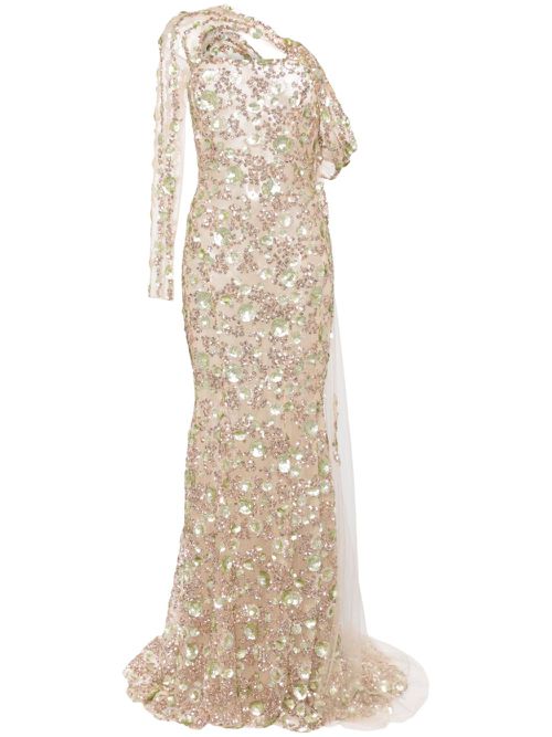 Beaded one-shoulder gown - Neutrals
