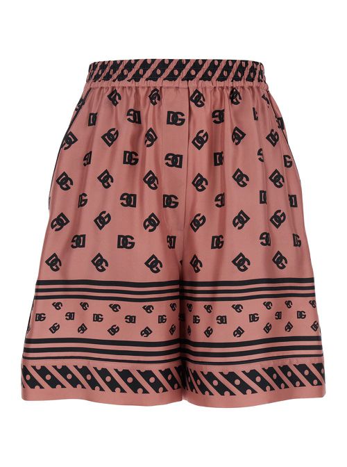 Pink Bermuda Shorts With Dg Logo Printed All-over In Silk Woman
