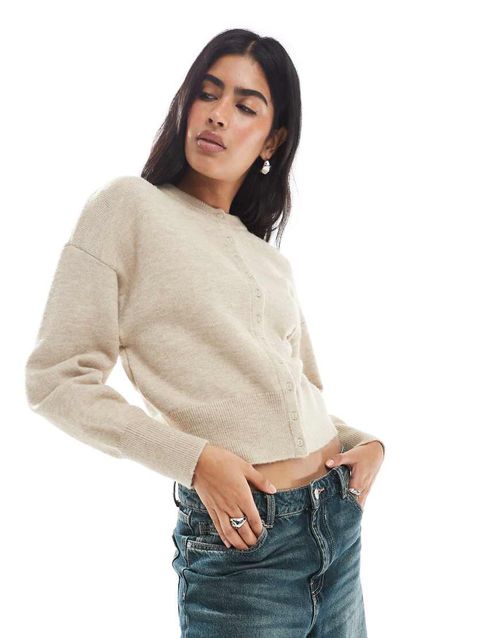 Fitted waist cardigan in oat-Neutral
