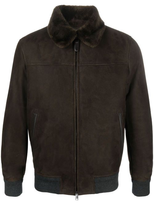 Shearling-collar leather jacket - Brown