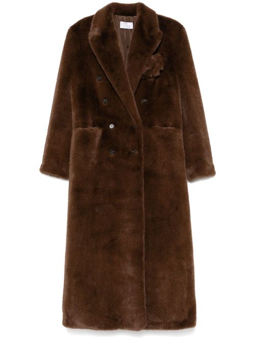 Giuseppe Di Morabito faux-fur floral-brooch coat - Brown