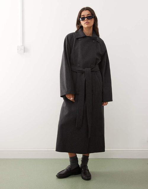 Kia wool blend oversized coat with double button and tie waist detail in dark heather gray