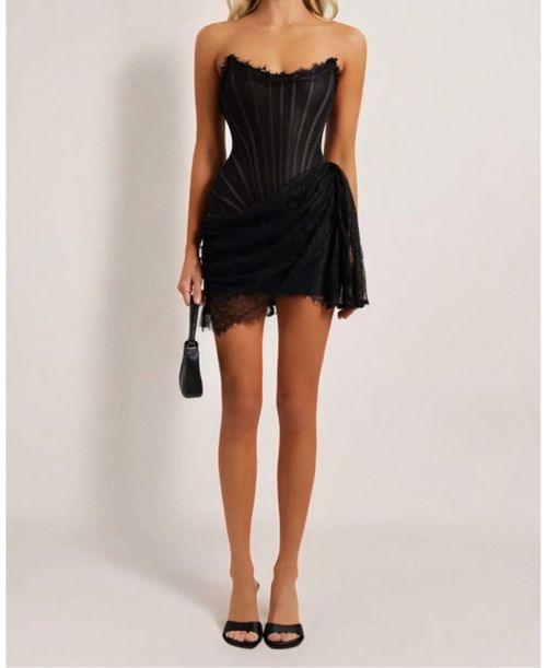 Women's Lace Mesh Corset Drape Mini Dress - Black