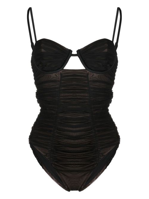 Gathered mesh swimsuit - Brown