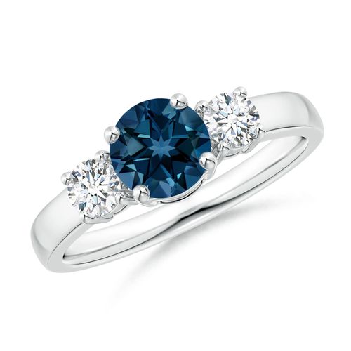 Angara 0.95 Carat Classic Round London Blue Topaz and Diamond Three Stone Engagement Ring in Silver