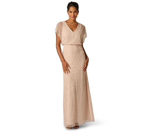Women's Bead Blouson V-Neck Long Dress - SHELL