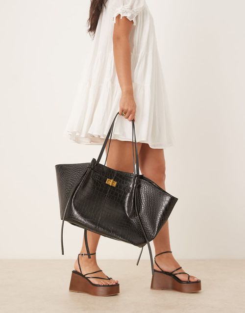 Gina Tricot faux leather medium tote bag with strap and clutch detail in black
