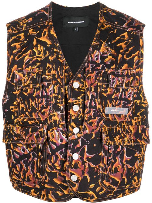 Abstract-print cotton waistcoat - SEPIA BLACK/ORANGE