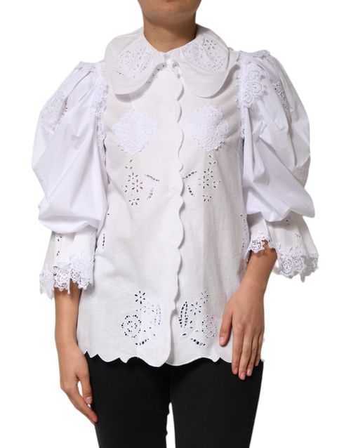 Ruffled Lace-Embellished Blouse — White