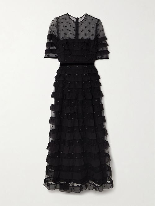 Velvet-trimmed Point D'esprit And Ruffled Chiffon Midi Dress - Black
