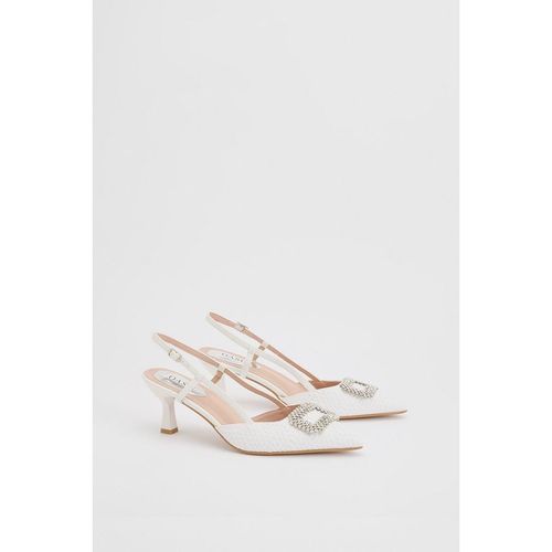 Oasis Womens Layla Faux Leather Woven Embellished Square Trim Point Kitten Heel Court Shoes - White