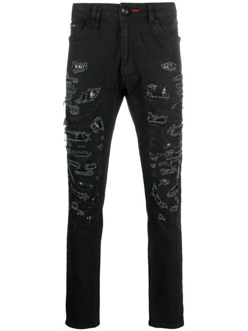 Distressed slim-fit jeans - Black