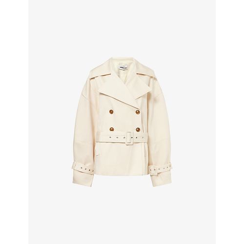 Womens Stone Double-Breasted Removable-Belt Cotton-Blend Trench Jacket