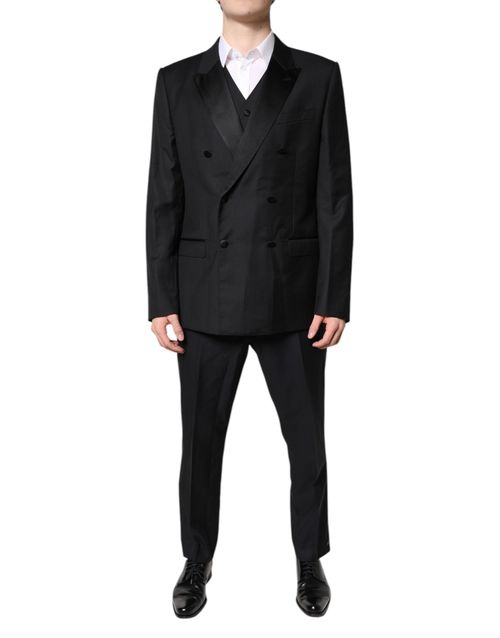 Double-Breasted Wool Silk Pant Suit — Black
